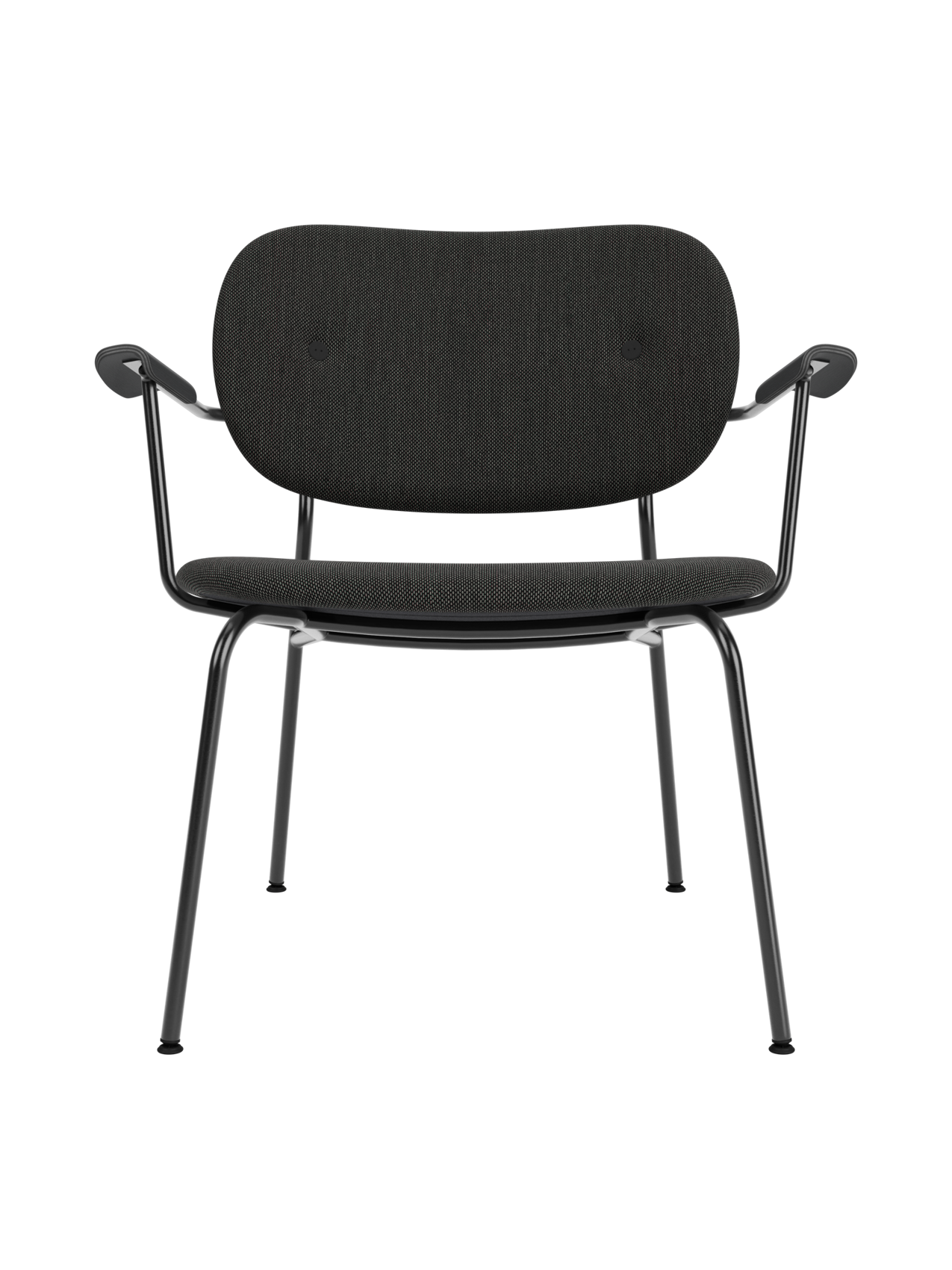 Fully upholstered Co Lounge Chair in Re-wool 0198 fabric with black painted oak armrests and a slender steel frame.