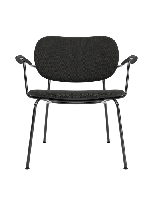 Fully upholstered Co Lounge Chair in Re-wool 0198 fabric with black painted oak armrests and a slender steel frame.