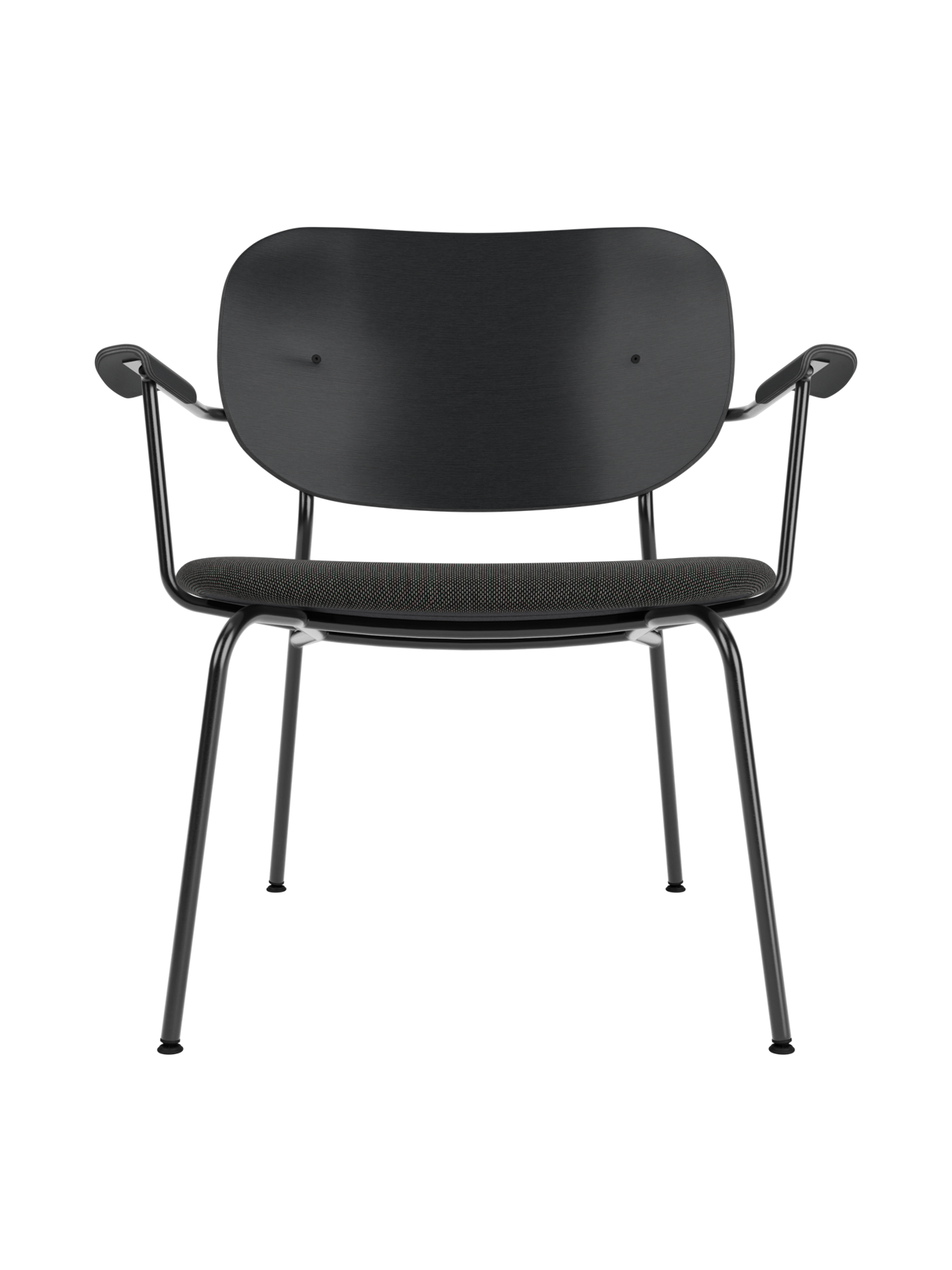Co Lounge Chair in black painted oak with a grey Re-wool upholstered seat and a minimalist black steel frame.