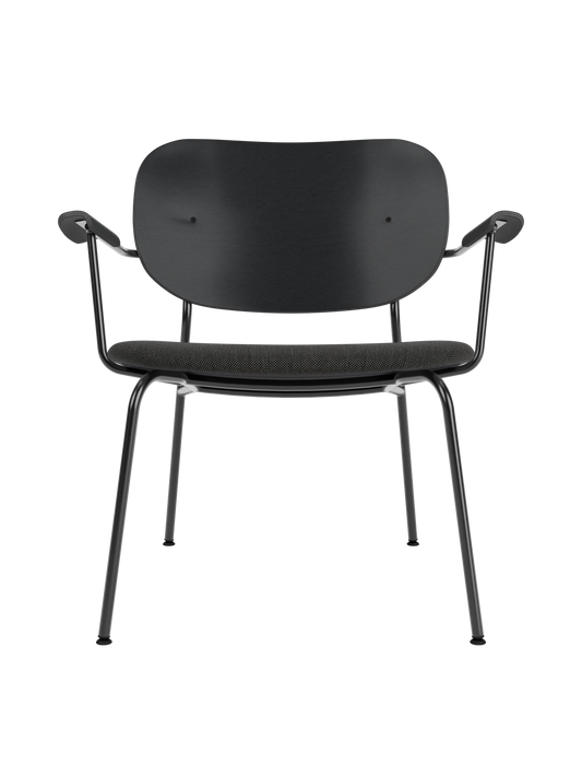 Co Lounge Chair in black painted oak with a grey Re-wool upholstered seat and a minimalist black steel frame.