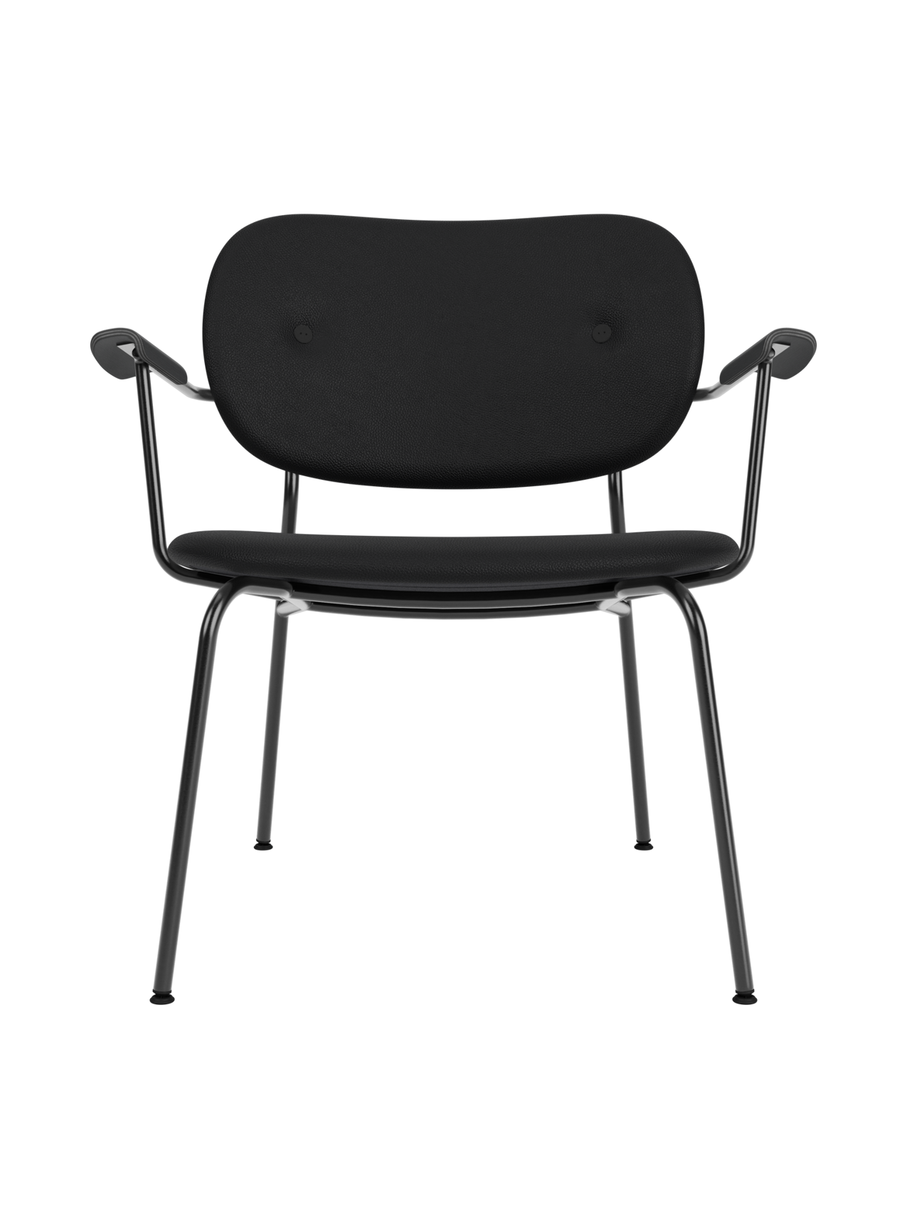Fully upholstered Co Lounge Chair in black Sierra 1001 leather with black painted oak armrests and a steel frame.