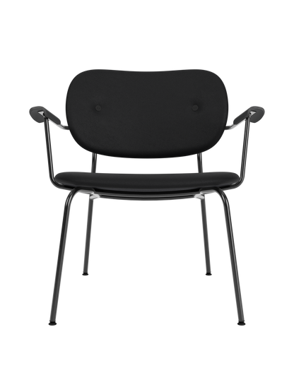 Fully upholstered Co Lounge Chair in black Sierra 1001 leather with black painted oak armrests and a steel frame.