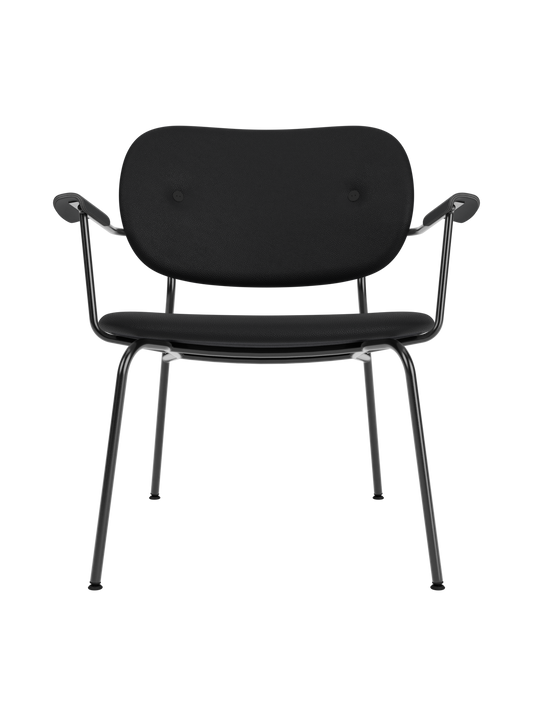 Fully upholstered Co Lounge Chair in black Sierra 1001 leather with black painted oak armrests and a steel frame.