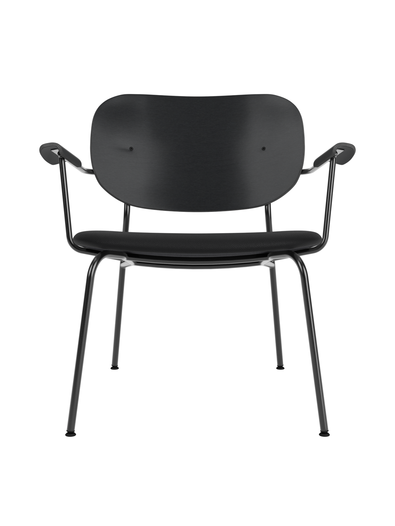 Co Lounge Chair featuring a black painted oak backrest and black leather seat on a slender powder-coated steel frame.