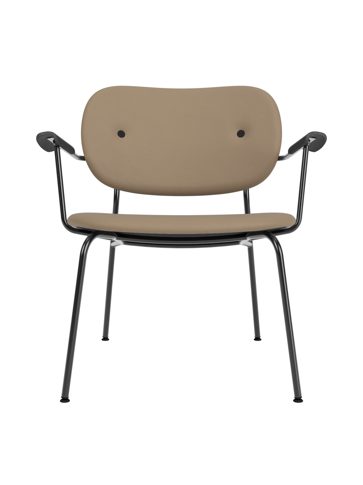Fully upholstered Co Lounge Chair in tan Sierra 1611 leather with black painted oak armrests and a slender steel base.