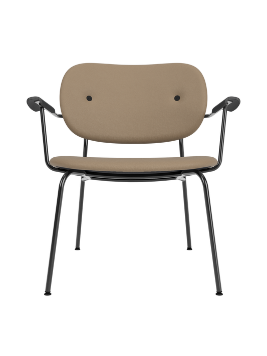 Fully upholstered Co Lounge Chair in tan Sierra 1611 leather with black painted oak armrests and a slender steel base.