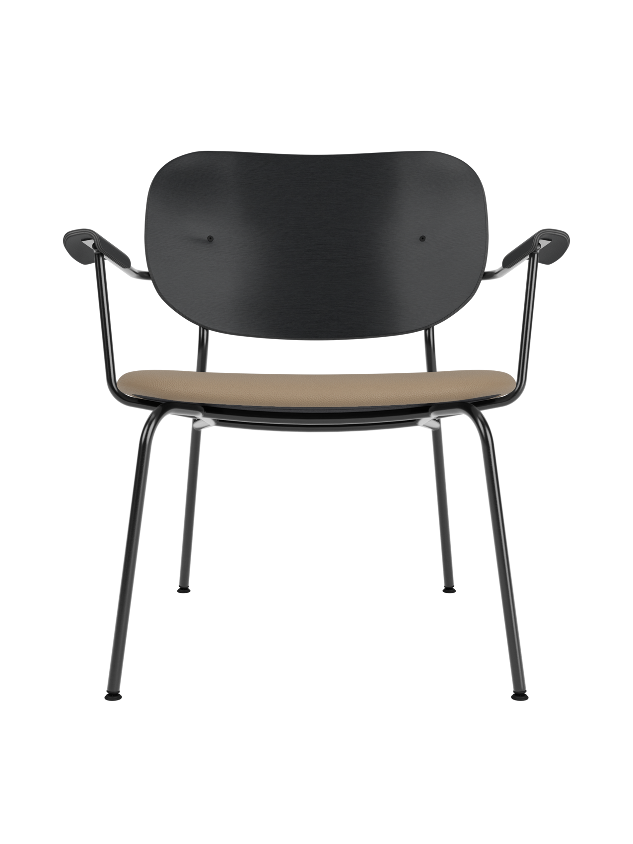 Co Lounge Chair featuring a black oak backrest and tan Sierra 1611 upholstered seat on a black steel frame.