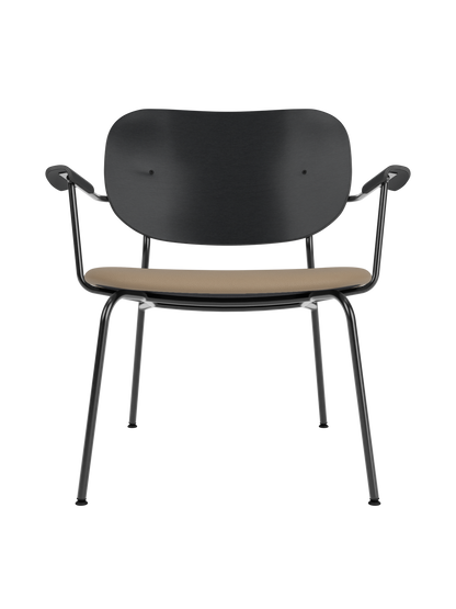 Co Lounge Chair featuring a black oak backrest and tan Sierra 1611 upholstered seat on a black steel frame.