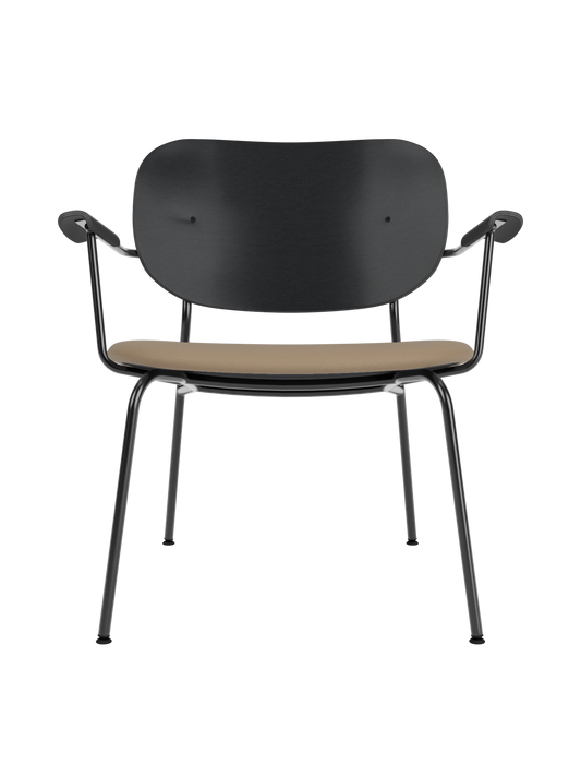 Co Lounge Chair featuring a black oak backrest and tan Sierra 1611 upholstered seat on a black steel frame.