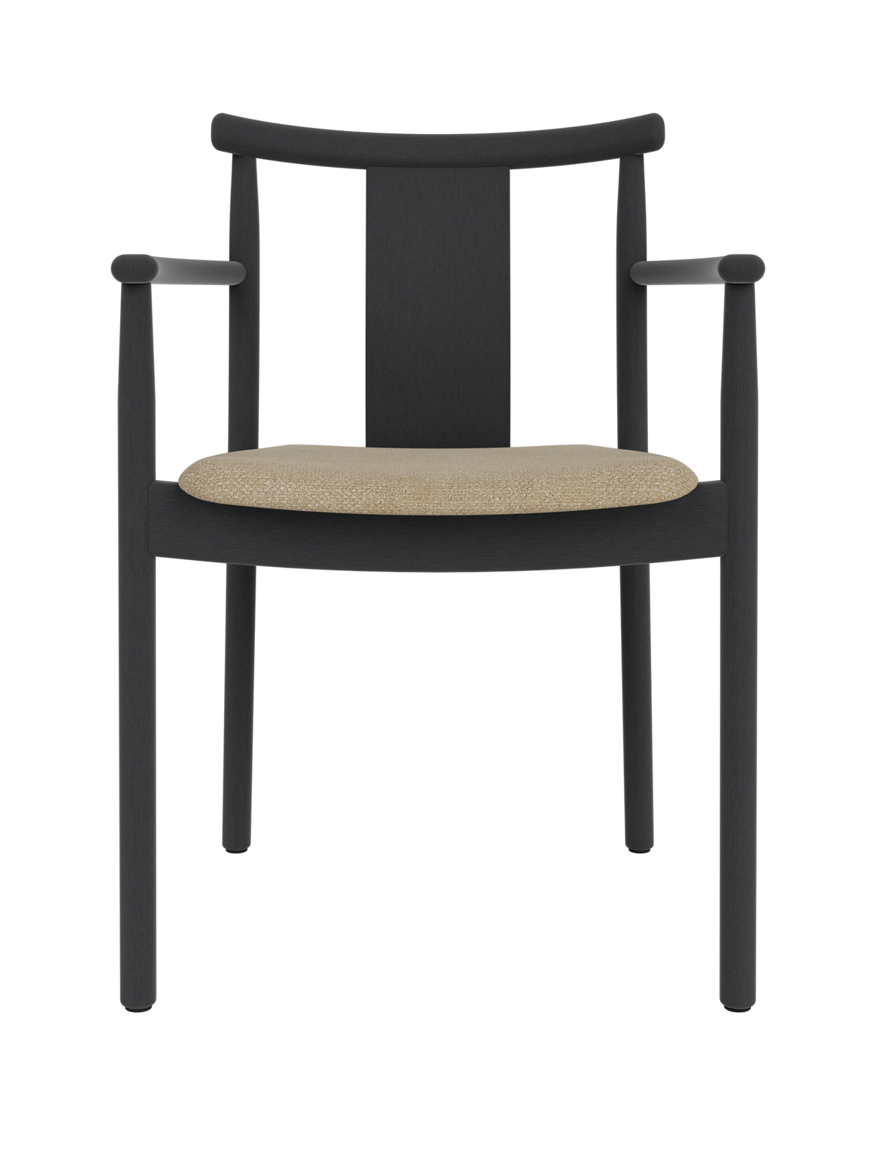 Black stained oak Merkur Dining Chair with armrests and a textured beige Audo Bouclé 02 upholstered seat.