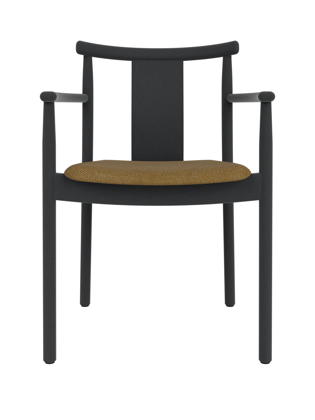 Merkur Dining Chair with armrests in black stained oak featuring a textured golden Audo Bouclé 06 upholstered seat.