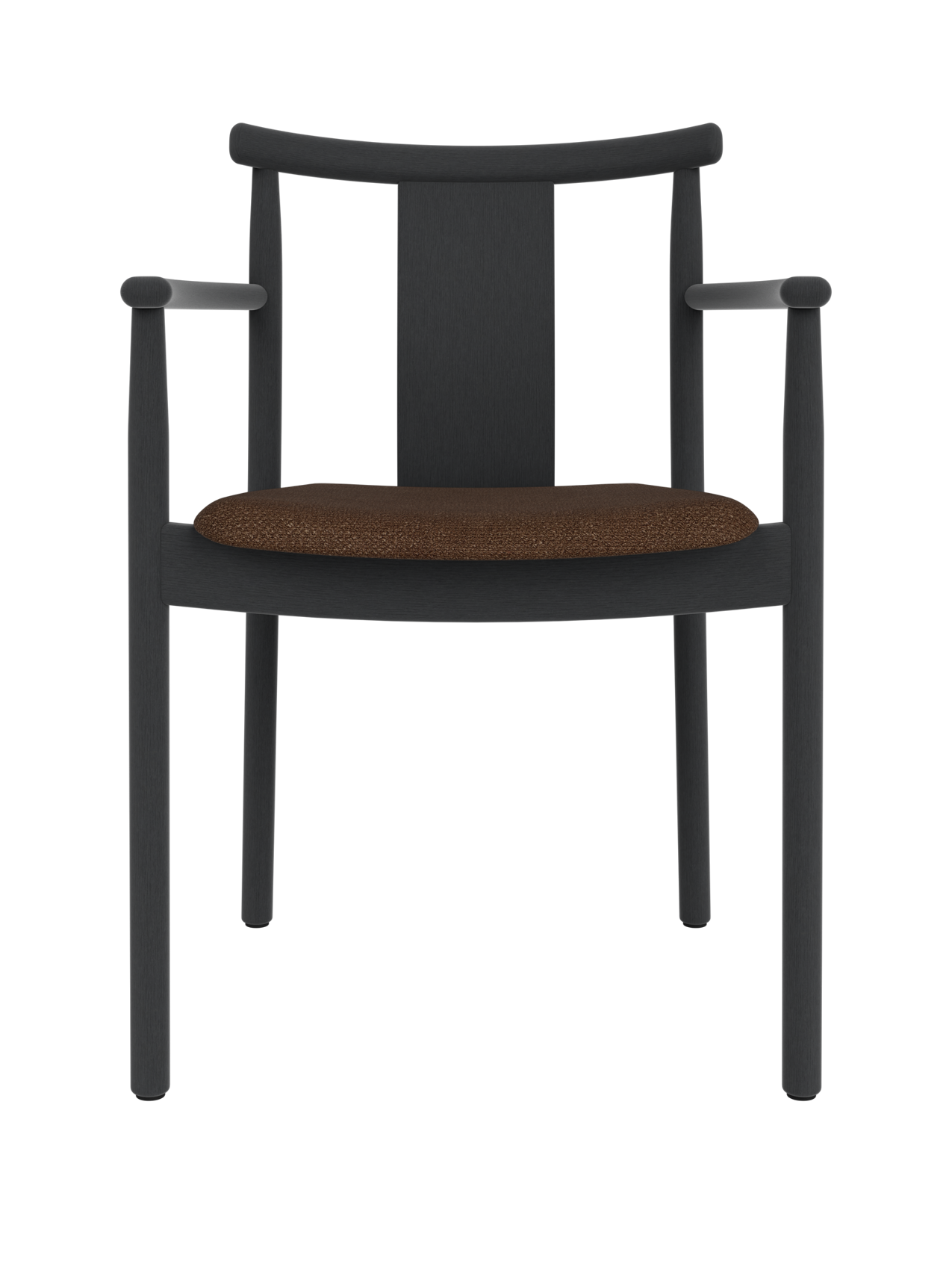 Merkur Dining Chair with armrests in black stained oak featuring a textured brown Audo Bouclé 07 upholstered seat.