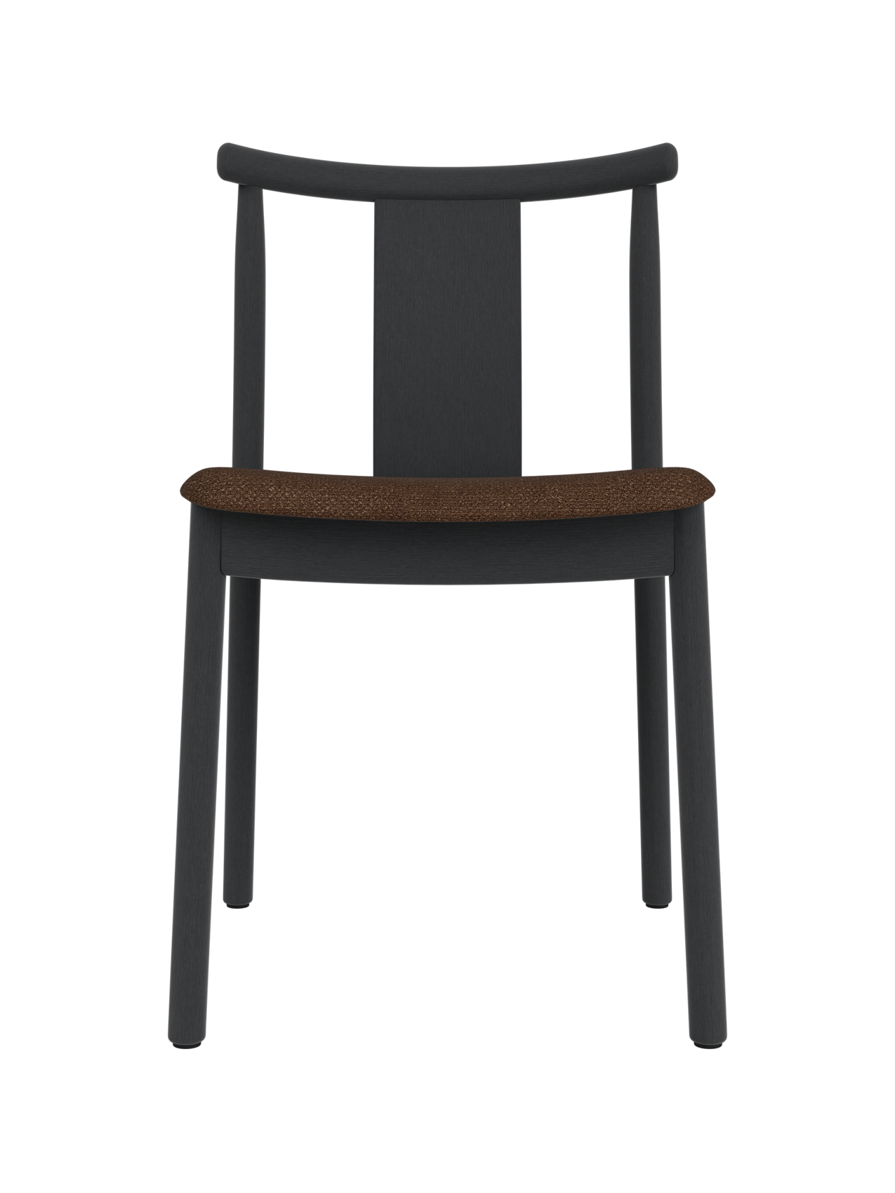 Merkur Dining Chair in black stained oak with a textured brown Audo Bouclé 07 seat, viewed from the front.