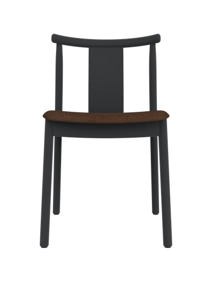 Merkur Dining Chair in black stained oak with a textured brown Audo Bouclé 07 seat, viewed from the front.