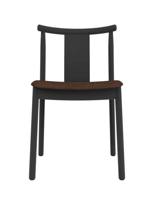Merkur Dining Chair in black stained oak with a textured brown Audo Bouclé 07 seat, viewed from the front.