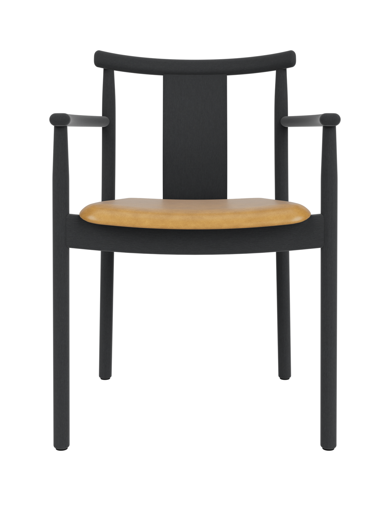Merkur Dining Chair with armrests in black stained oak, featuring a tan leather upholstered seat.