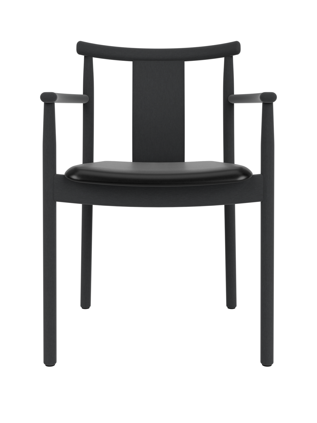 Merkur Dining Chair with Armrests in black stained oak with a black leather seat, viewed from the front.
