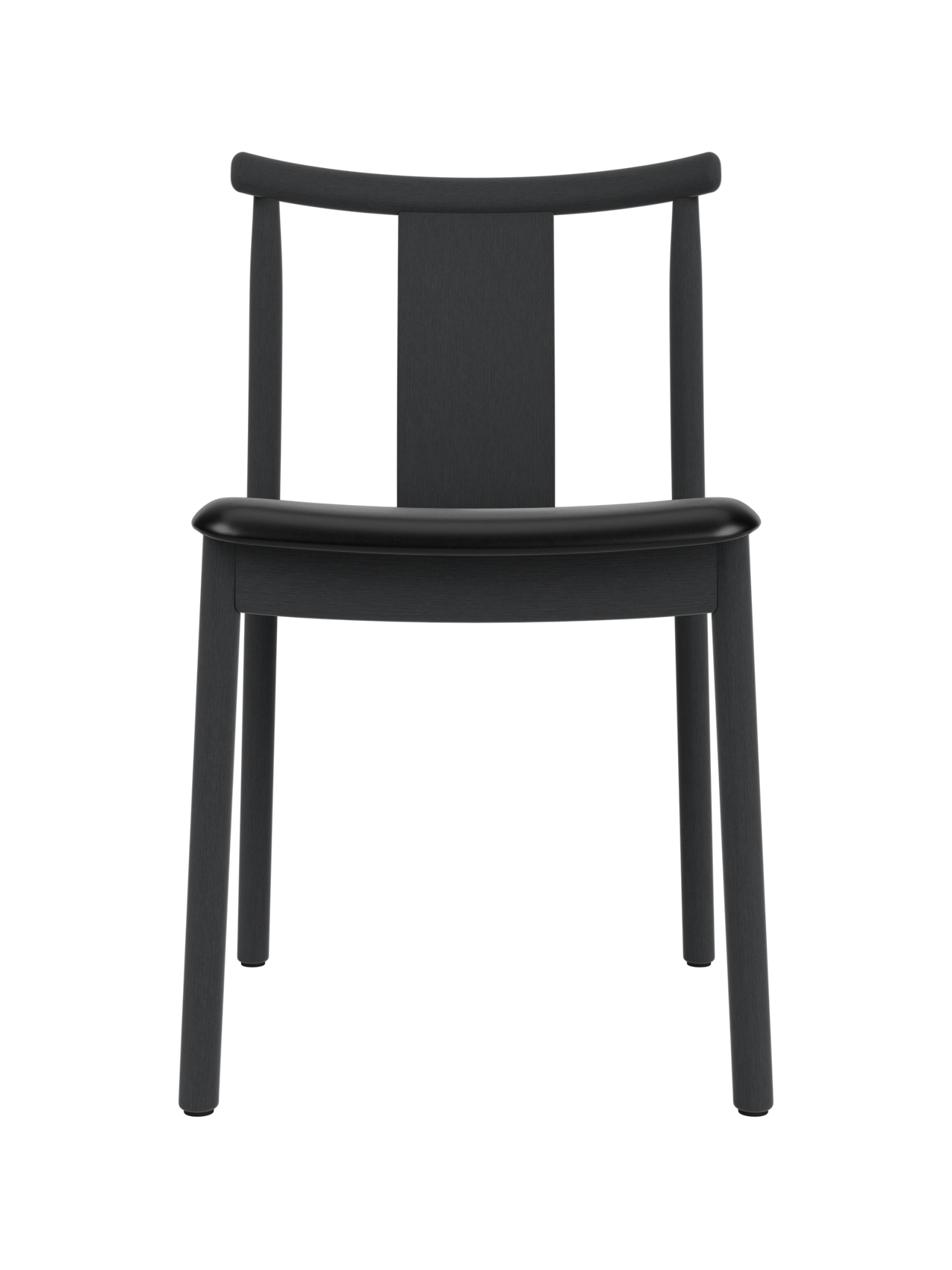 Merkur Dining Chair in black-stained oak with a black leather seat, featuring a curved backrest and minimalist wood frame.