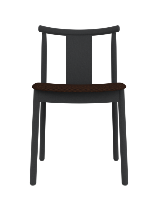 Merkur Dining Chair in black stained oak with a brown Hallingdal 65 upholstered seat, shown from the front.