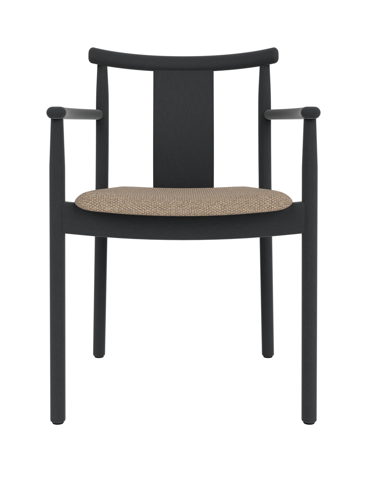 Black stained oak Merkur Dining Chair w/Armrests with a Logan Flint textured upholstered seat.