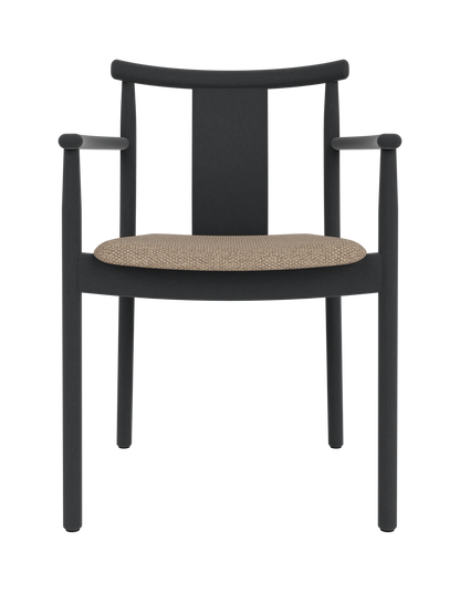 Black stained oak Merkur Dining Chair w/Armrests with a Logan Flint textured upholstered seat.