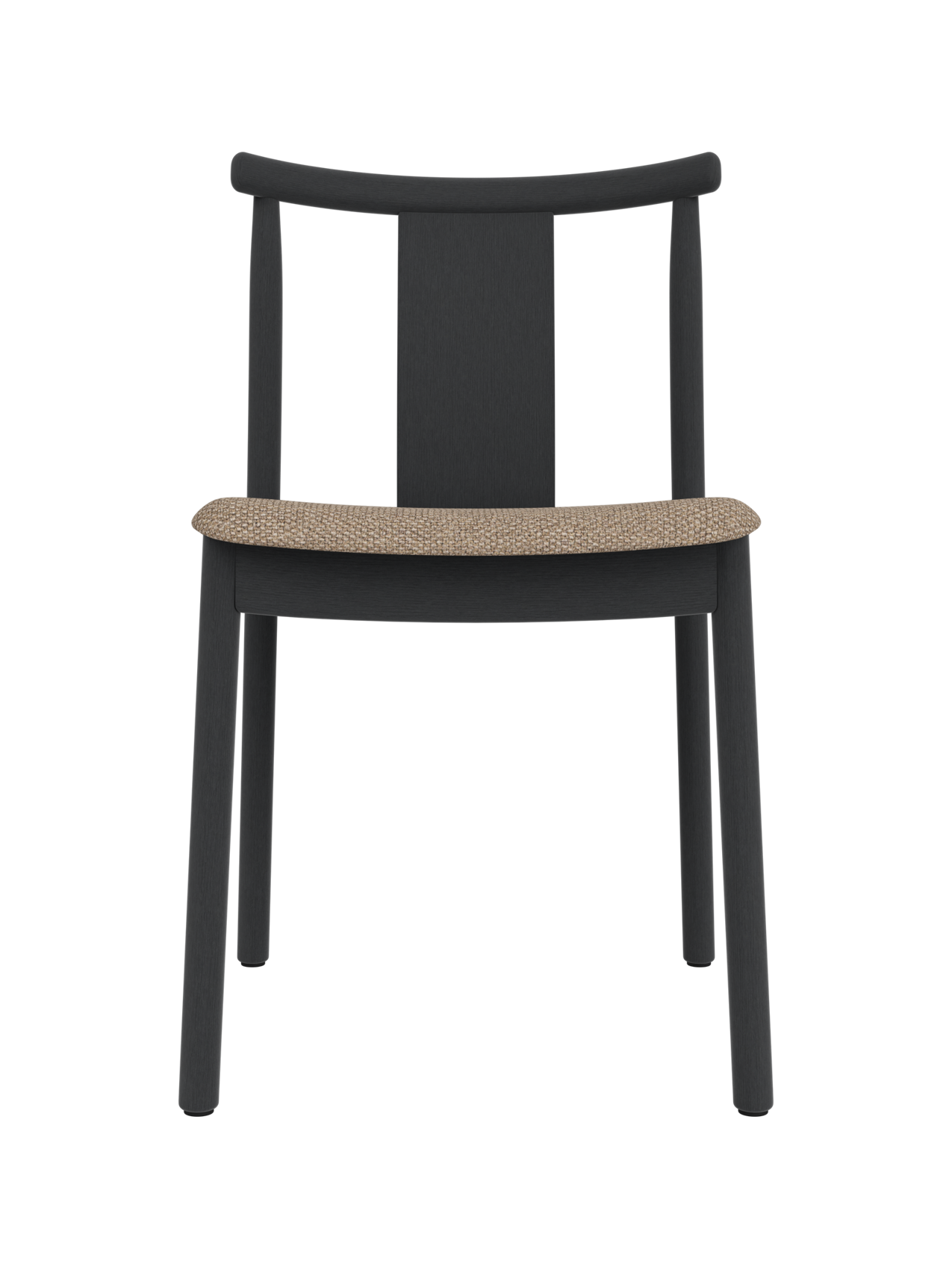 Black stained oak Merkur Dining Chair with a textured Logan Flint upholstered seat, shown from the front.