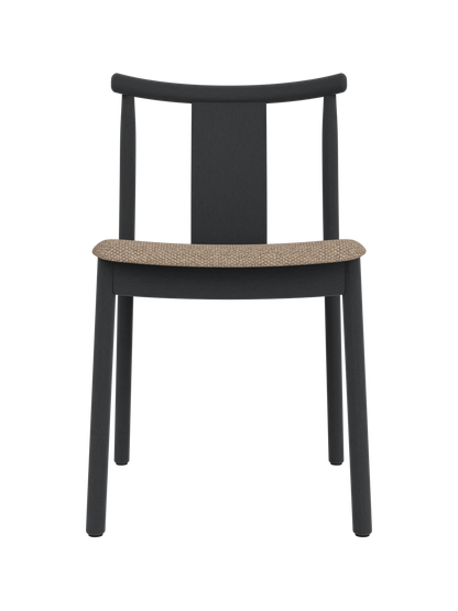 Black stained oak Merkur Dining Chair with a textured Logan Flint upholstered seat, shown from the front.
