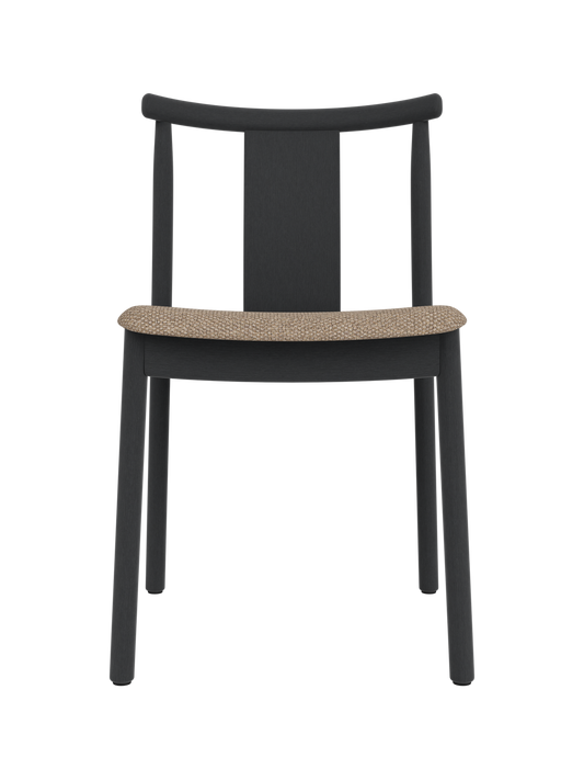 Black stained oak Merkur Dining Chair with a textured Logan Flint upholstered seat, shown from the front.