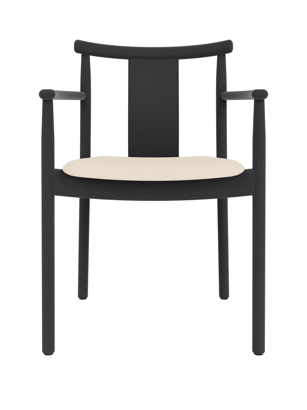 Merkur Dining Chair with armrests in black stained oak, featuring a cream Logan Jasmine fabric upholstered seat.