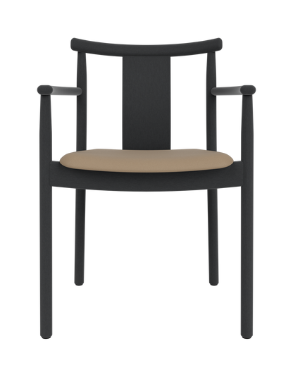 Black stained oak Merkur Dining Chair with armrests and a tan Sierra leather seat, shown from a front-facing view.