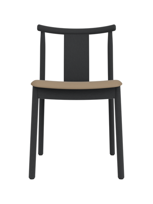 Black stained oak Merkur Dining Chair with a tan Sierra 1611 leather upholstered seat on a white background.
