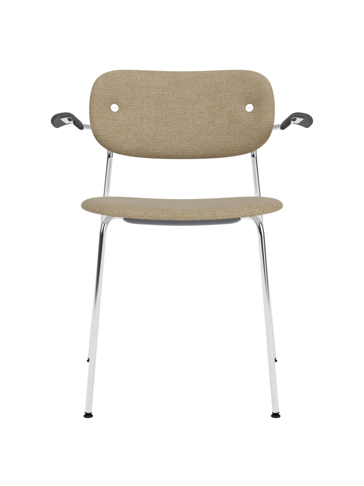 Fully upholstered Co Dining Chair with armrests, featuring beige bouclé fabric and a polished chrome frame.