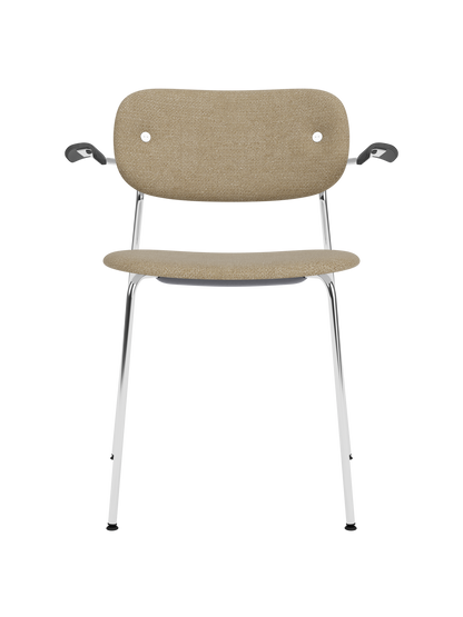 Fully upholstered Co Dining Chair with armrests, featuring beige bouclé fabric and a polished chrome frame.