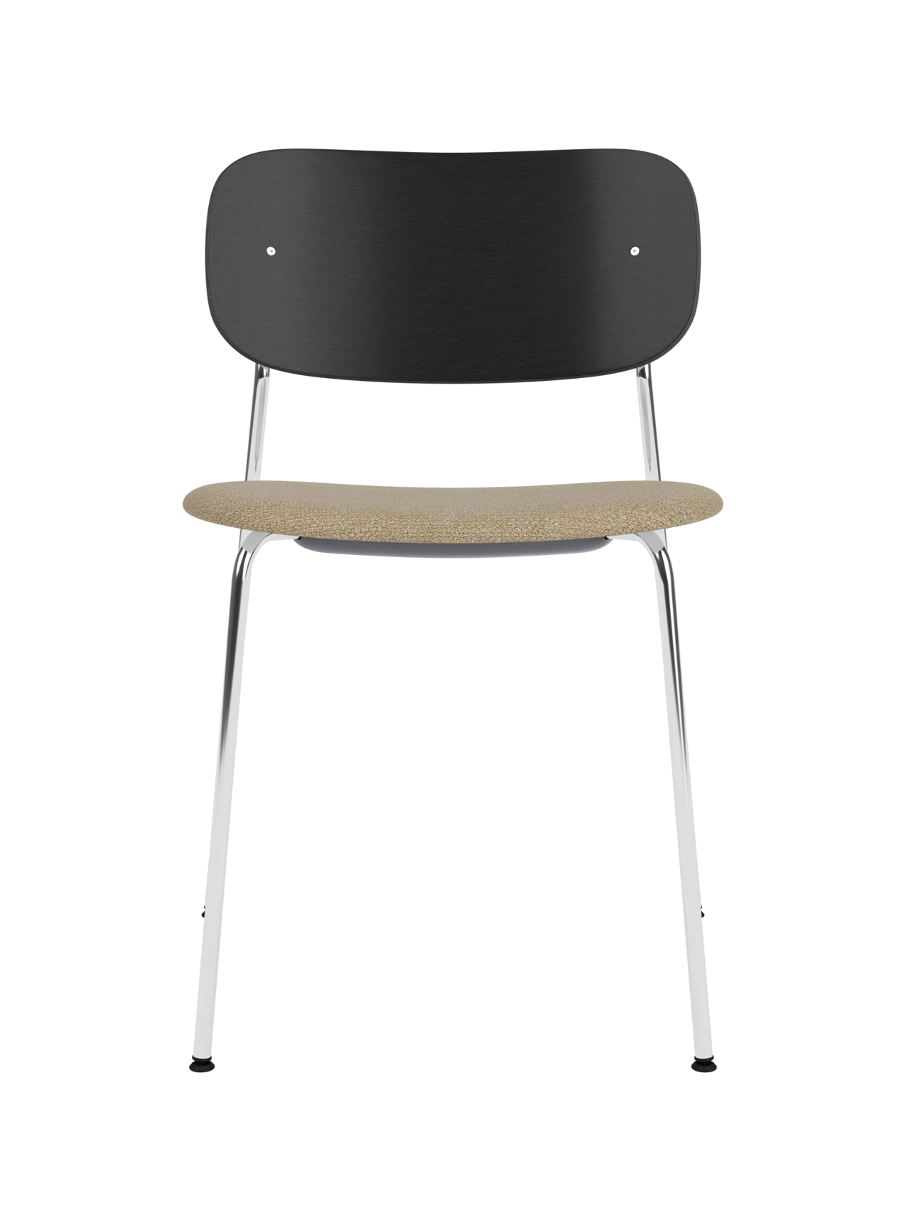Co Dining Chair with a black oak veneer back, beige bouclé upholstered seat and a sleek chrome steel frame.