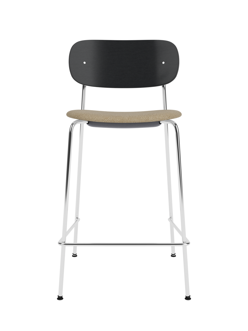 Co Counter Chair with a black painted oak backrest, bouclé upholstered seat, and chrome frame against a black background.