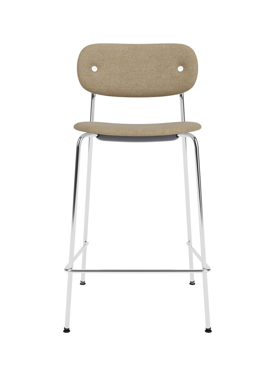 Co Counter Chair, Fully Upholstered in Audo Bouclé 02 fabric with a chrome steel frame shown against a black background.