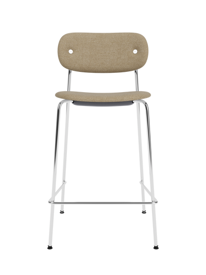 Co Counter Chair, Fully Upholstered in Audo Bouclé 02 fabric with a chrome steel frame shown against a black background.