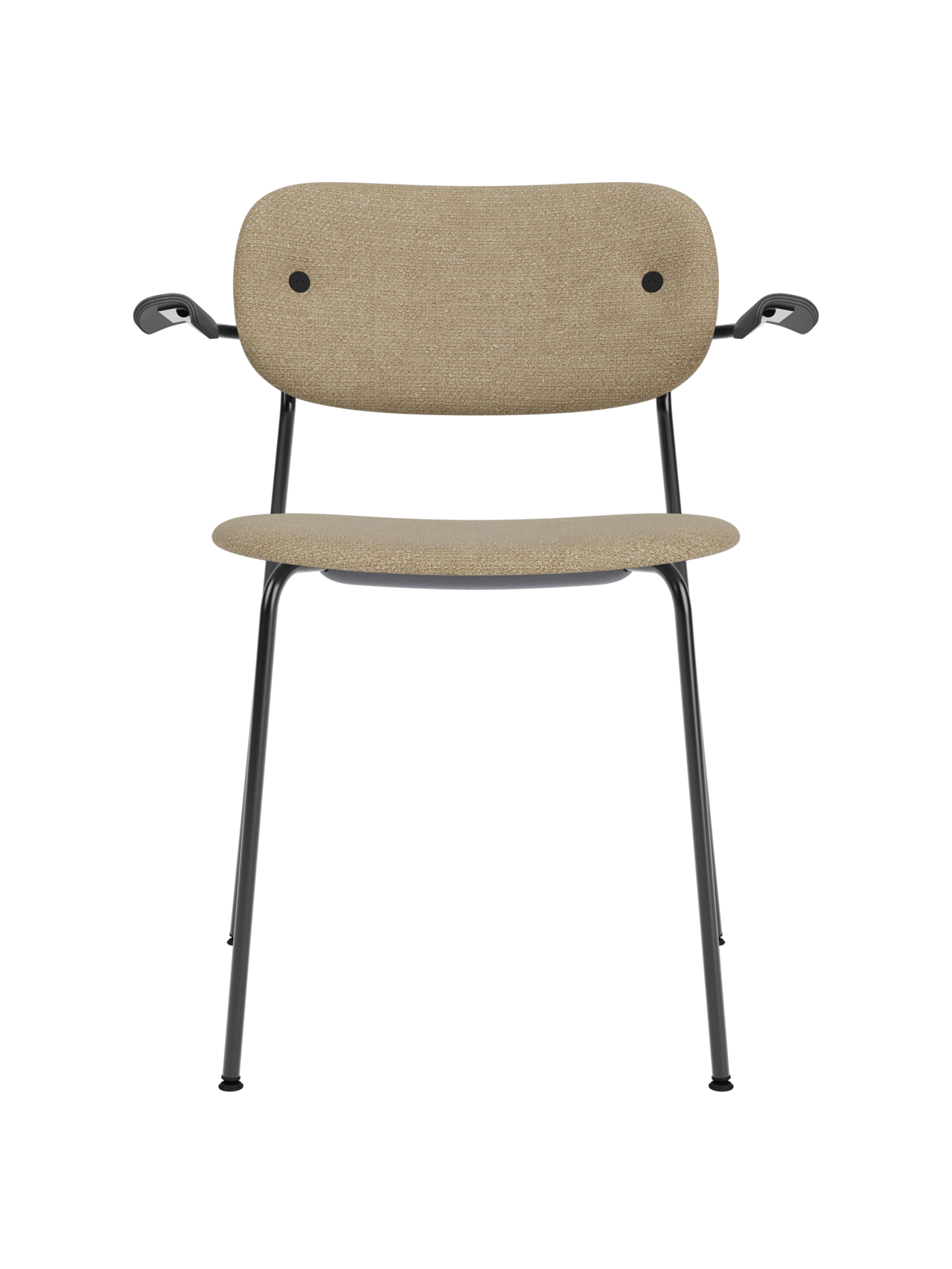 Co Dining Chair with armrests, upholstered in beige bouclé fabric with a slim black powder-coated steel frame.