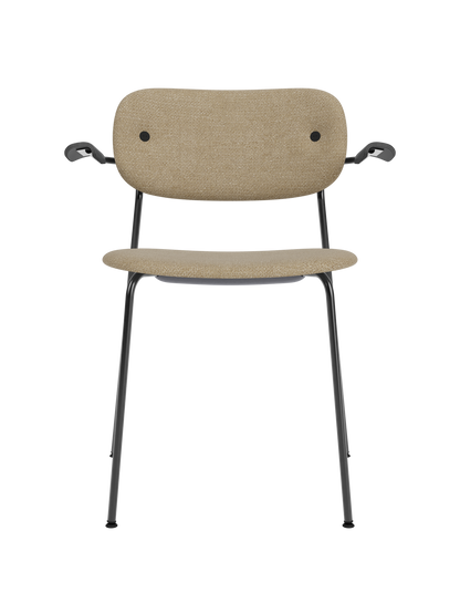 Co Dining Chair with armrests, upholstered in beige bouclé fabric with a slim black powder-coated steel frame.