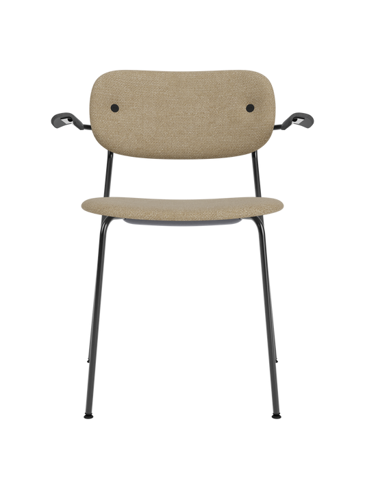 Co Dining Chair with armrests, upholstered in beige bouclé fabric with a slim black powder-coated steel frame.