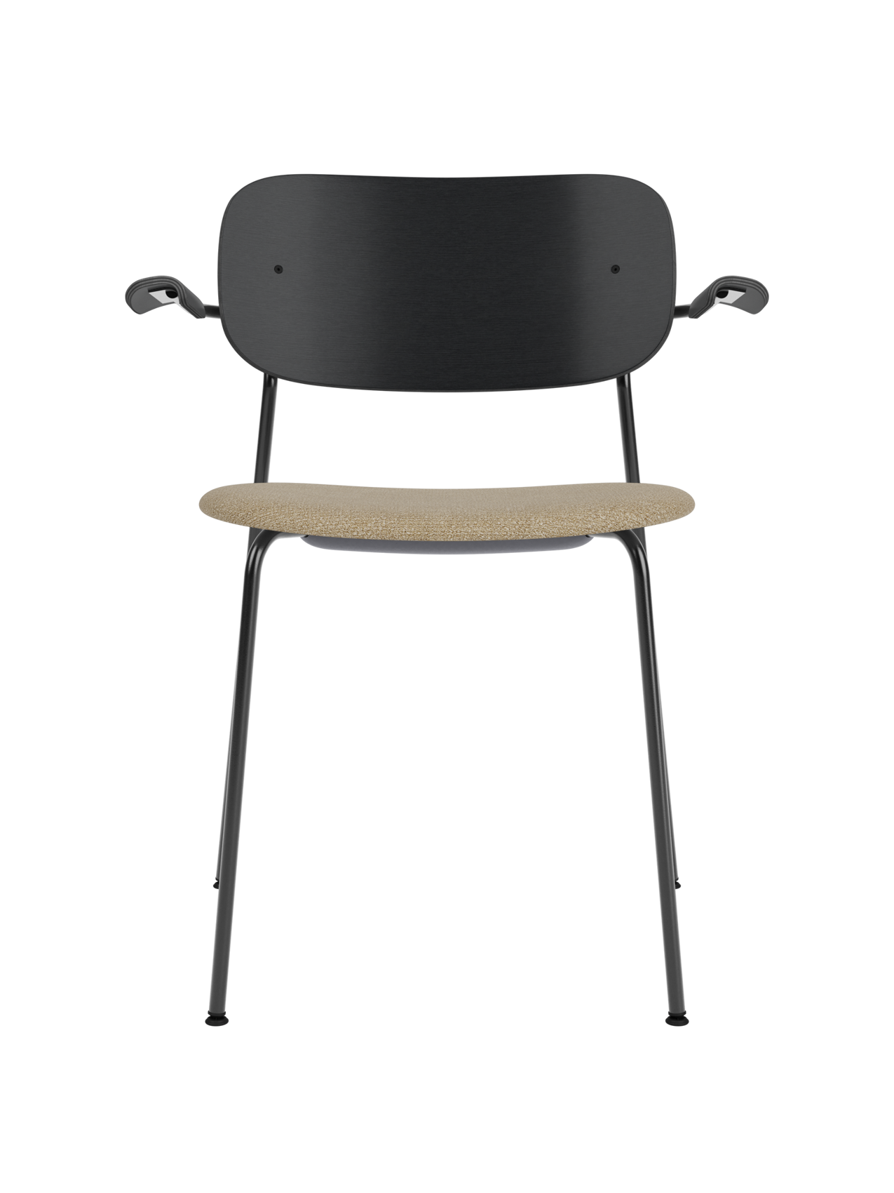 Co Dining Chair with armrests, a black oak backrest and a sand bouclé upholstered seat on a black metal frame.