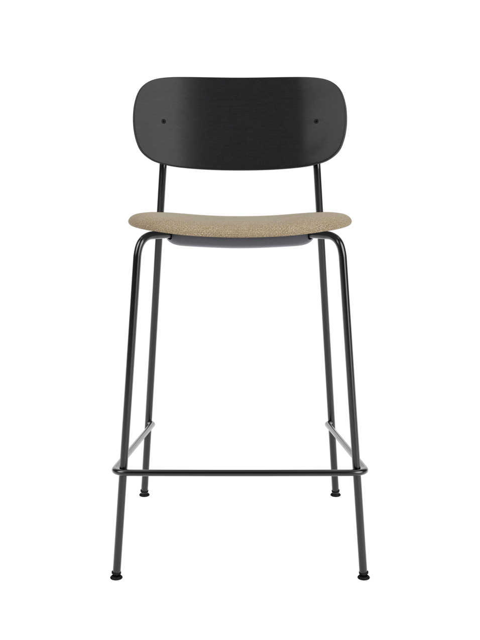 Co Counter Chair in black painted oak with a textured bouclé seat cushion on a slender black steel frame.
