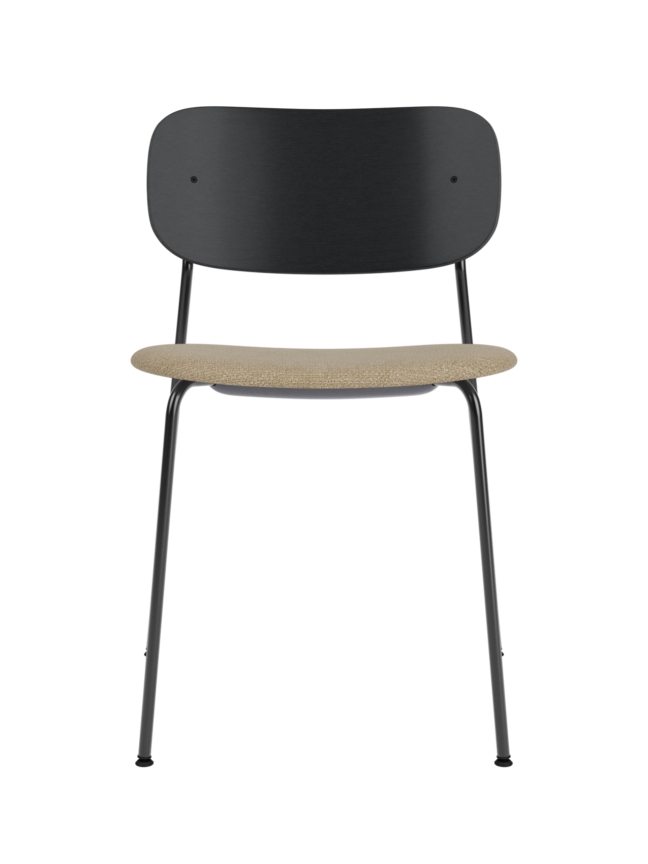 Co Dining Chair with a black painted oak backrest, slim steel frame and a textured beige Audo Bouclé upholstered seat.