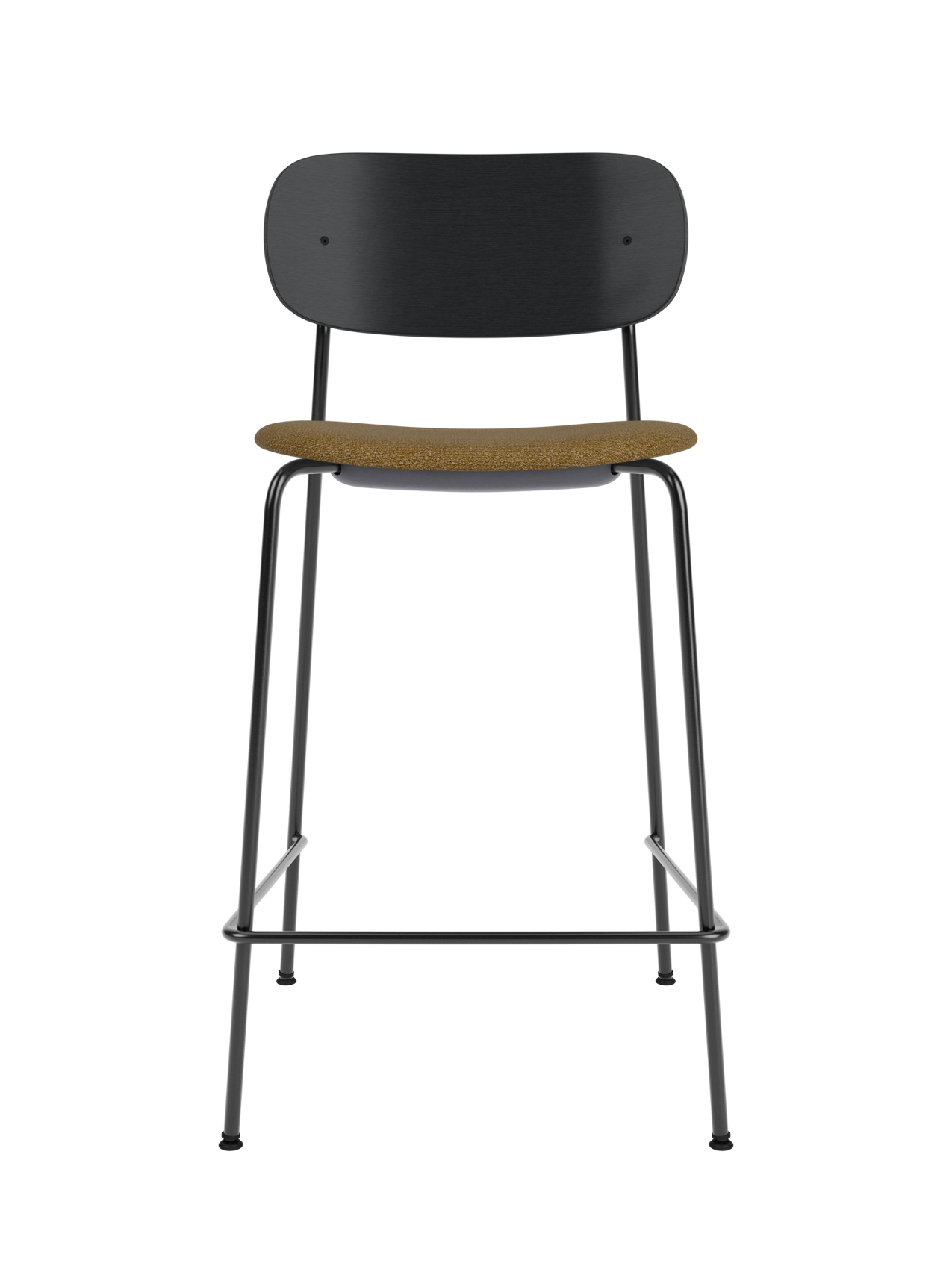 Co Counter Chair featuring a black oak backrest and brown bouclé upholstered seat on a slender black steel frame.