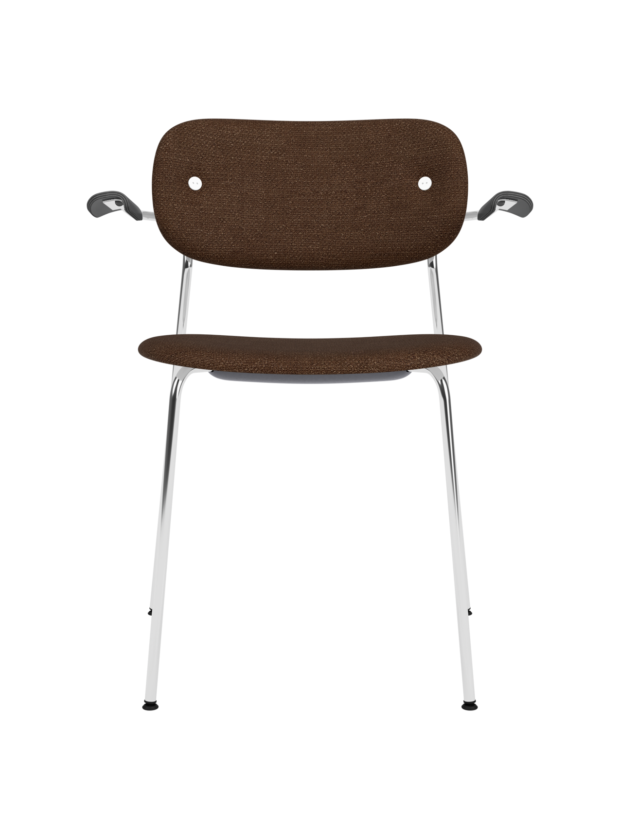 Fully upholstered Co Dining Chair with armrests, featuring a chrome frame and dark brown Bouclé 07 fabric.