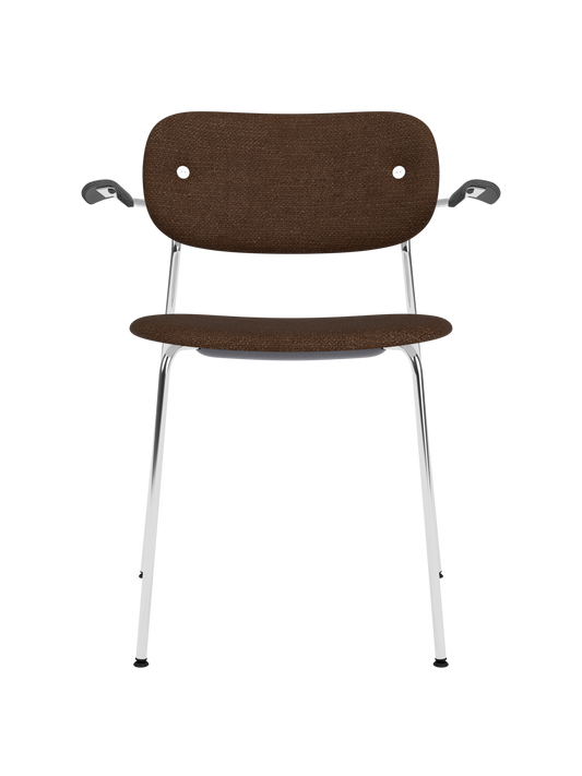 Fully upholstered Co Dining Chair with armrests, featuring a chrome frame and dark brown Bouclé 07 fabric.