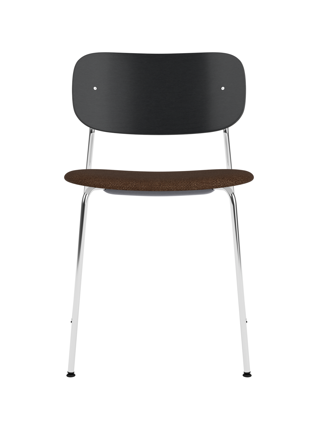 Co Dining Chair featuring a chrome frame, black painted oak backrest and brown Audo Bouclé upholstered seat.