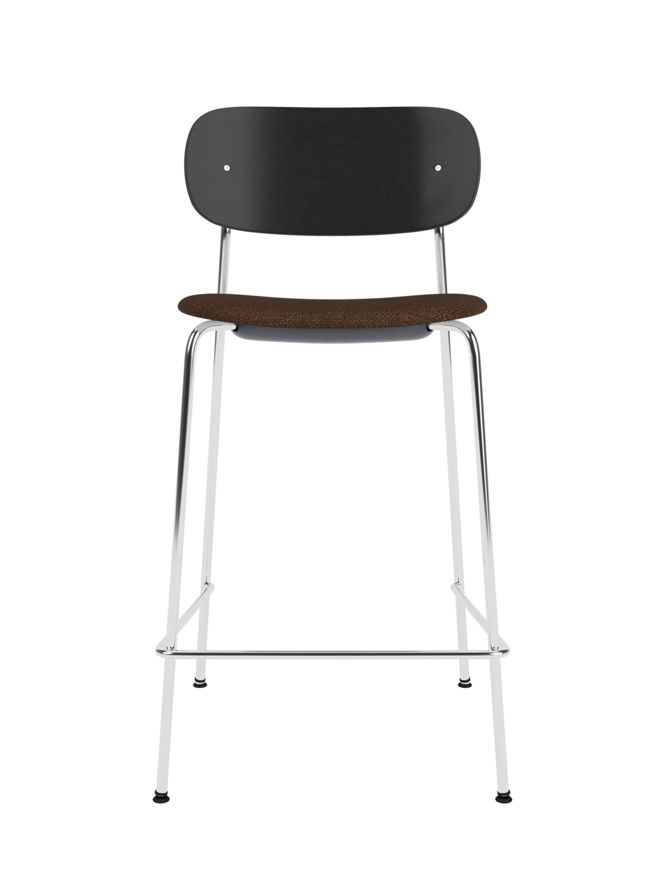 Co Counter Chair with a black painted oak back, bouclé upholstery seat, and chrome frame against a black background.