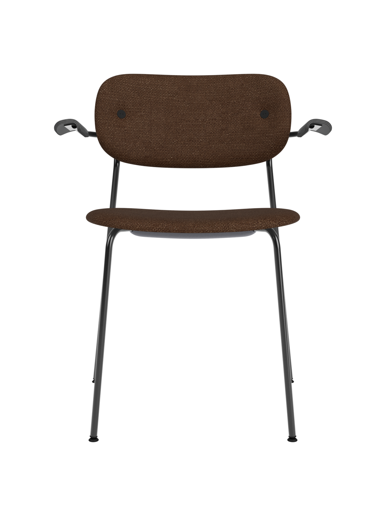 Co Dining Chair with armrests, upholstered in textured brown bouclé fabric on a black powder-coated steel base.
