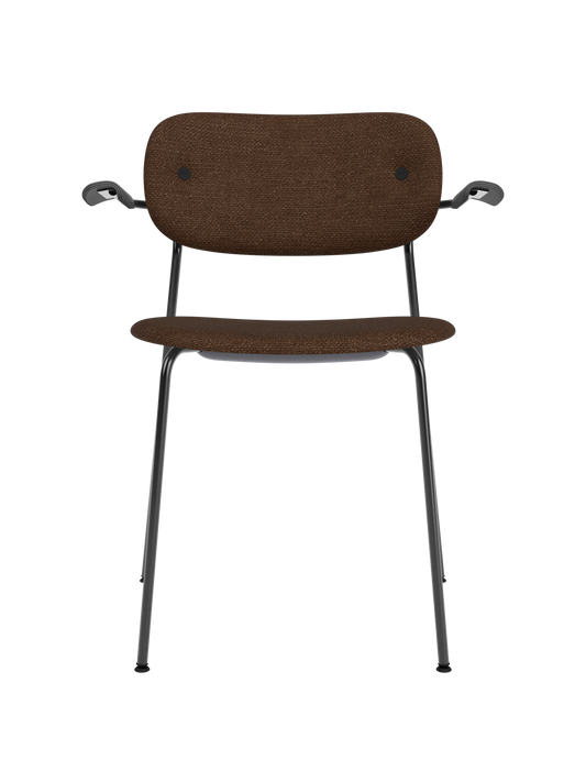Co Dining Chair with armrests, upholstered in textured brown bouclé fabric on a black powder-coated steel base.
